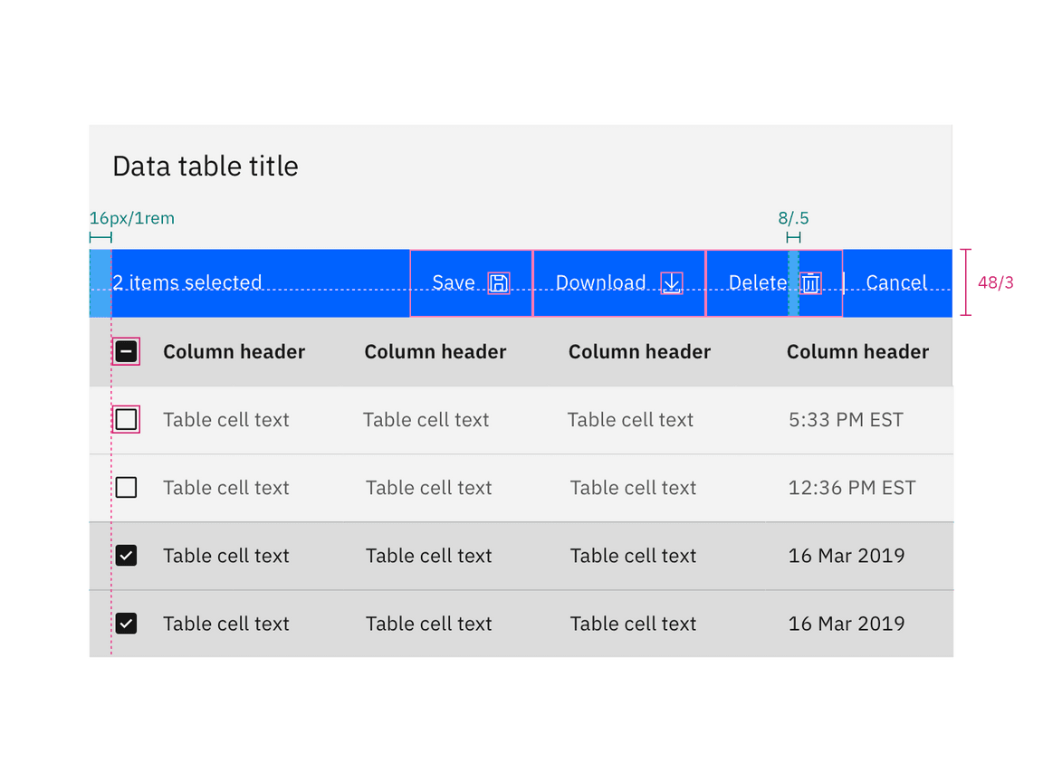 Data table batch action bar measurements Data table batch action bar measurements
