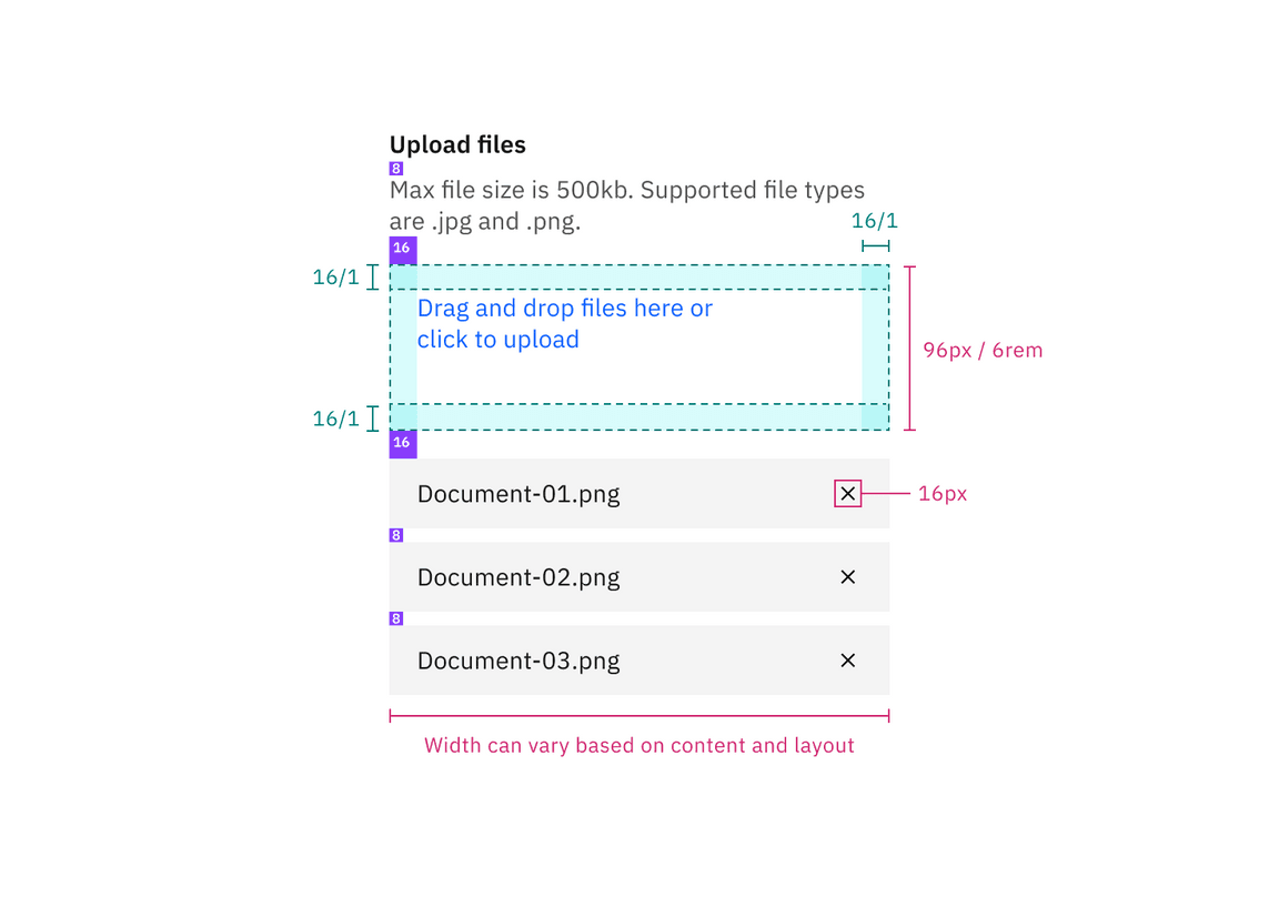 Structure and spacing measurements for drag and drop with multiple file upload functionality Structure and spacing measurements for drag and drop with multiple file upload functionality